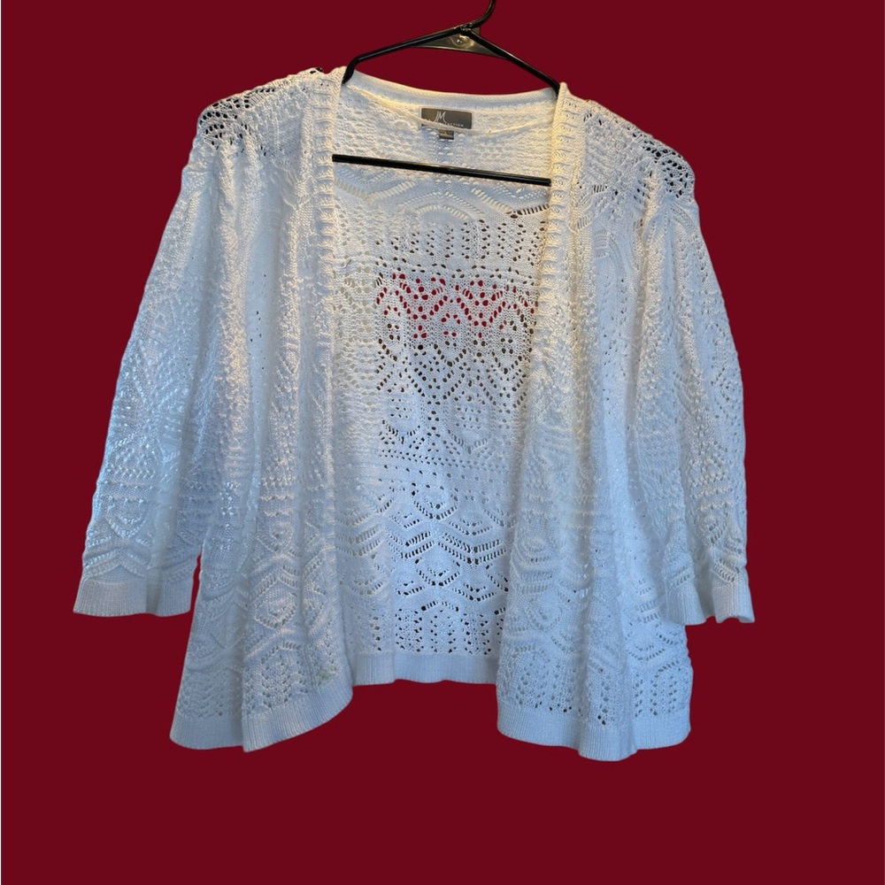 JM Collection White Open-Front Cardigan